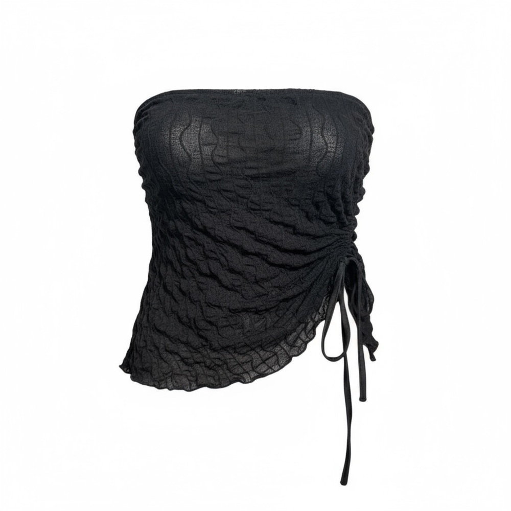 SHEIN Black Textured Strapless Top with Drawstring